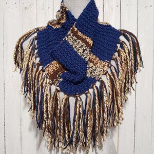 NEW Hand Knitted Blue Beige Brown Boho Cowl Scarf Fringe Indie Art Coastal Chic